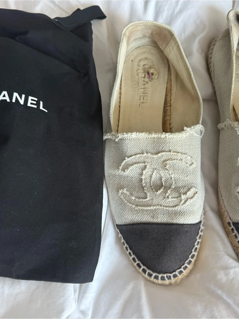CHANEL Cream Canvas Espadrilles with Black Toe Cap